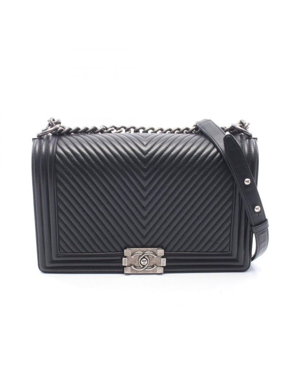 Chanel Shoulder Bag Boy Large Chest Blanc Stitch Black Lambskin Boy Chain